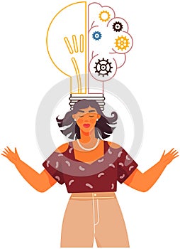 Woman plans strategy, solves issues, creates new idea. Development of creative thinking concept