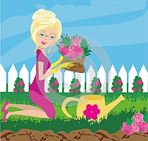 Woman plant flowers in the garden