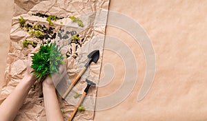 Woman planting flower in pot on craft paper