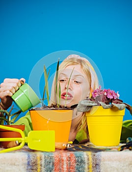 Woman planting flowers in pot. Beautiful young woman gardening. Watering flowers. Gardener woman planting flowers. Cute