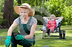 Woman planting flowers and resting man