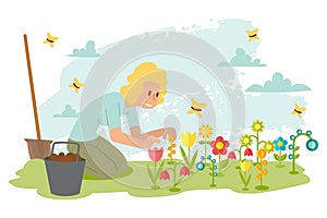 Woman planting flowers in spring garden, cartoon character in flat style, vector illustration