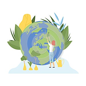 Woman Planting Trees, Volunteers Taking Care About Planet Ecology, Environment, Nature Protection Flat Vector