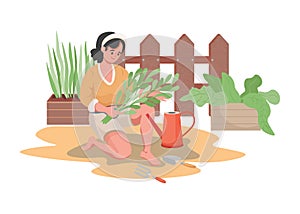 Woman planting and watering garden flowers or vegetables vector flat illustration. Summertime gardening concept.