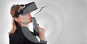 Woman play VR shooter game with virtual reality gun and vr glass