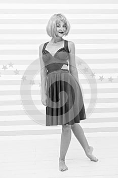 Woman playful mood having fun. Fun and entertainment. Girl bob wig posing striped background of studio. Create your own