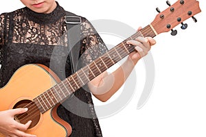 A woman playing acoustic guitar by chord C on isolated white background