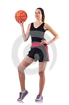 The woman playing basketball isolated on white