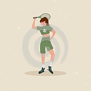 Woman playing big tennis vector flat illustration isolated on beige background