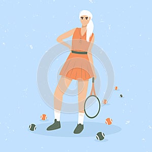 Woman playing big tennis vector flat illustration isolated on blue background