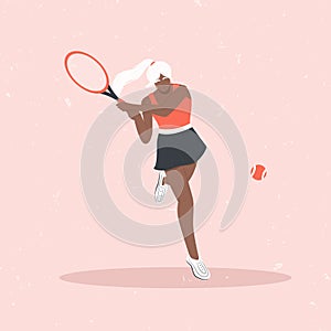 Woman playing big tennis vector flat illustration isolated on pink background