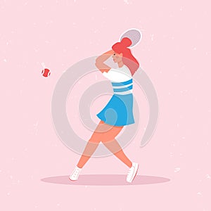 Woman playing big tennis vector flat illustration isolated on pink background