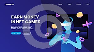 A woman playing crypto games. P2E Crypto Games Landing Page Concept. Earn money playing NFT Games