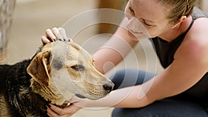 Woman playing with dog outdoor