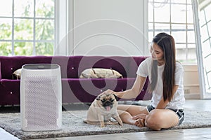 Woman playing with Dog Pug Breed and Air purifier in cozy white living room for filter and cleaning removing dust PM2.5 HEPA in ho