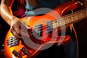 A woman is playing an electric bass guitar, AI