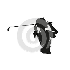 Woman playing golf, isolated vector silhouette. Golf swing, side view