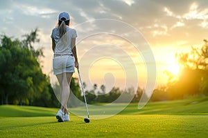 A woman is playing golf and is about to hit the ball