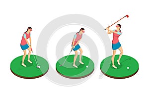 Woman playing golf, vector 3d isometric illustration. Golf swing stages, isolated design elements
