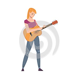 Woman Playing Guitar, Girl Musician Playing Strings at Musical Performance Cartoon Style Vector Illustration