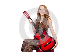 Woman playing guitar isolated