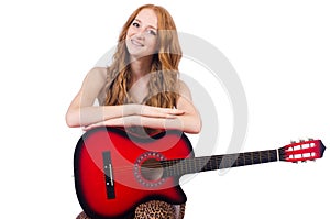 Woman playing guitar isolated