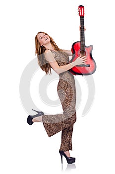 Woman playing guitar isolated