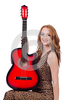 Woman playing guitar isolated