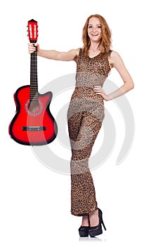 Woman playing guitar isolated