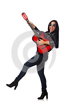 The woman playing guitar isolated on white