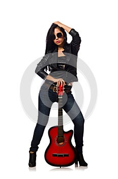 Woman playing guitar isolated on white