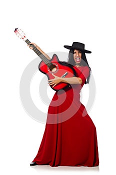 Woman playing guitar isolated on white