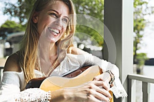 Woman Playing Guitar Leisure Hobby Concept