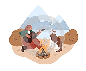 Woman playing guitar and singing song with dog howling by campfire outdoors. Person alone with nature, fire and music