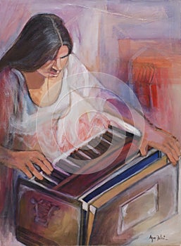 Woman playing Harmonium Painting