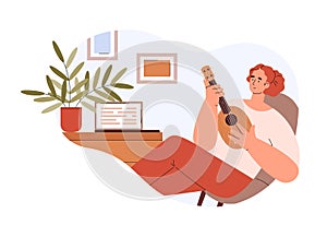 Woman playing Hawaiian ukulele guitar flat vector illustration isolated on white.