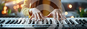A woman is playing a piano with her hands
