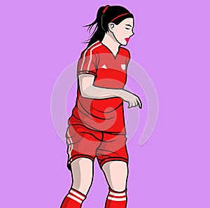 Woman playing soccer with purple background