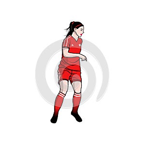 Woman playing soccer red uniform with black background