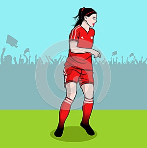Woman playing soccer with spectators background