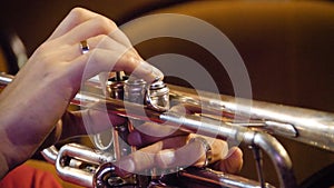 Woman playing trumpet. Trumpet player. Trumpeter playing music jazz instrument. Brass orchestra instrument. Woman plays