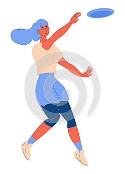 Woman playing ultimate sport game. Vector character jumping for flying disk isolated on white. Vector concept illustration about