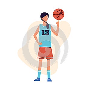 The woman plays basketball. Flat design concept of pretty woman spinning ball on her finger. Vector illustration