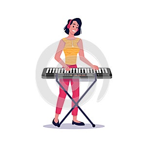 Woman plays digital piano, pianist and synthesizer