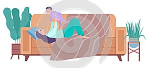 The woman plays with her son. Mom and baby are lying on the couch at home vector illustration