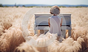 a woman plays the piano in the field