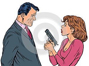 the woman pointed the gun at the man. spies, agents and detectives
