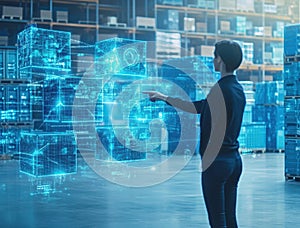 A woman is pointing at a blue cube on a computer screen