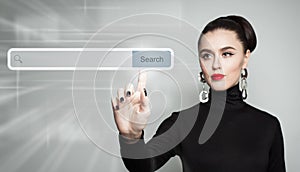 Woman pointing. Female Hand and empty address bar