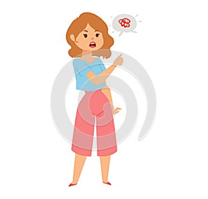 Woman pointing with a frustrated expression, thought bubble with no sign. Annoyed female gesturing, problem concept